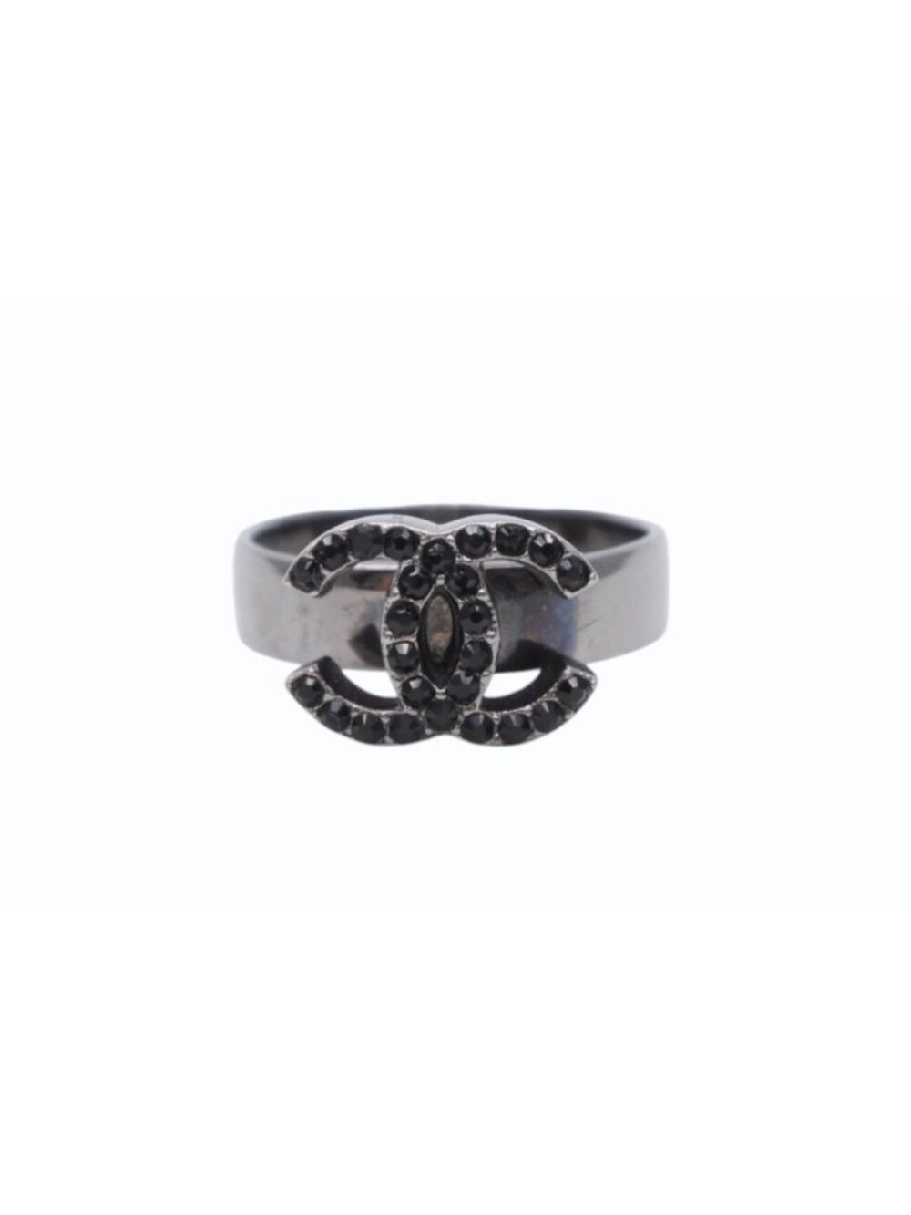Chanel CC Logo Ring Rhinestone Metal Silver Black